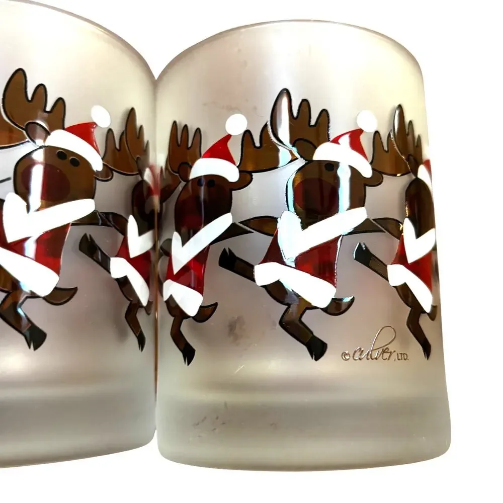 Vintage Culver Glass frosted Christmas Cocktail Glasses PAIR Dancing Santa Moose